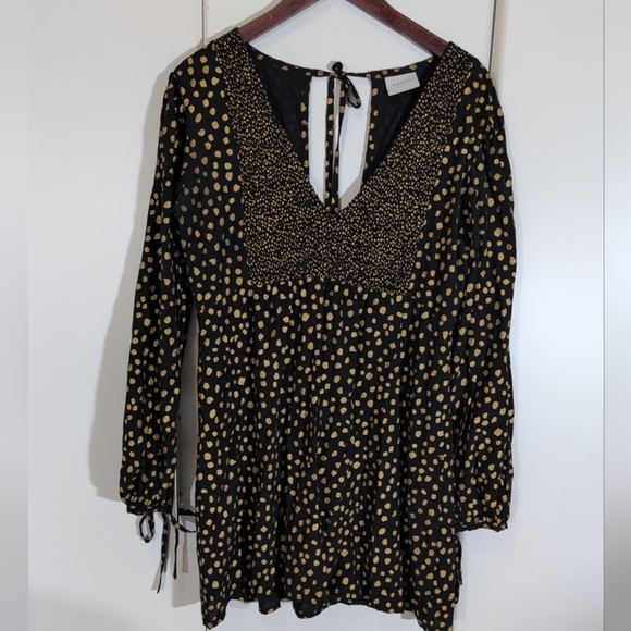 Rue Stiic Black & Gold Polka Dot Mink Elasticized Bodice Dress Size L - Picture 1 of 9